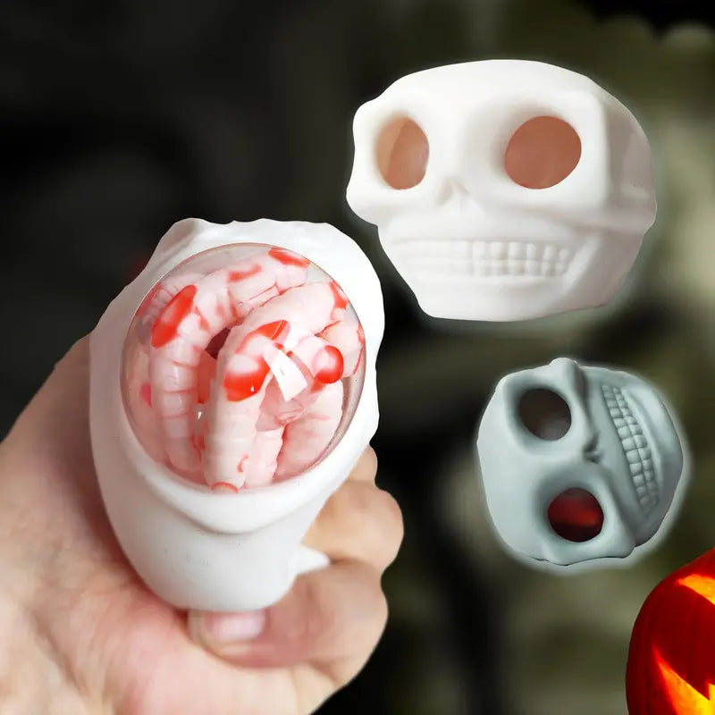 Halloween Stress Balls Squeeze Skull With Blood and Maggots Halloween Prank Skull Squeeze Gift for Halloween HorrorSkull Decor