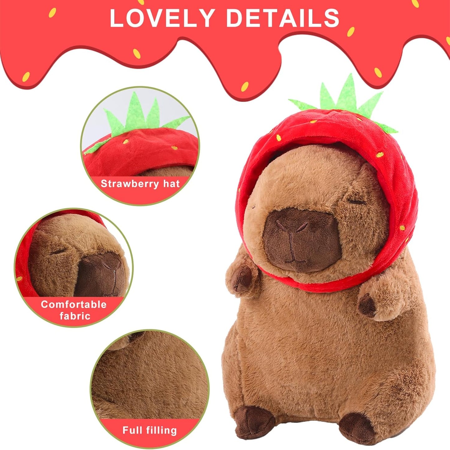 Capybara Plush Cute Capybara Stuffed Animal Kawaii Plush with Strawberry Hat Capybara Gifts Cute Plush Pillow Birthday for Boys Girls 9 Inch