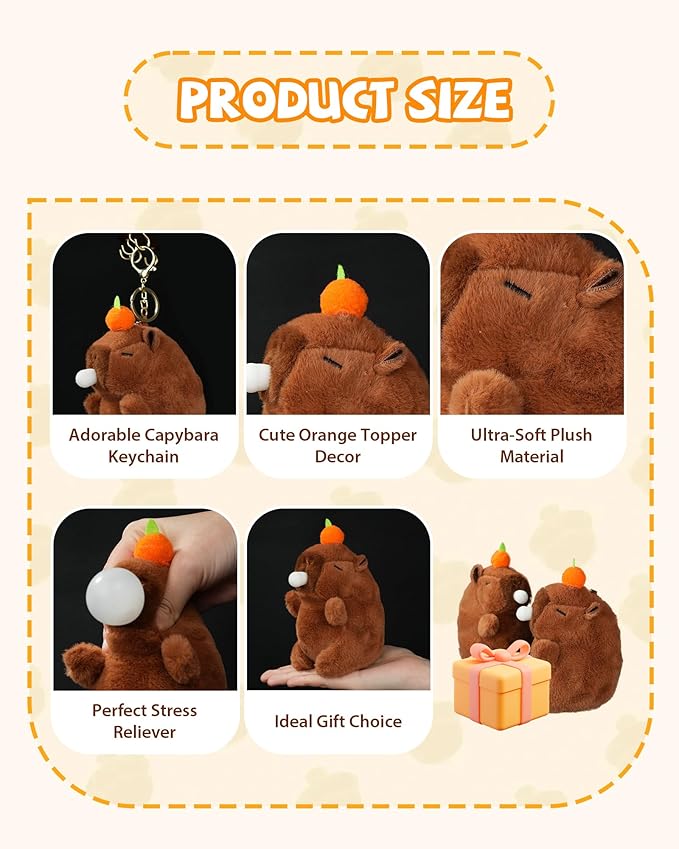 Capybara Plush Cute Stufffed Keychain Funny Squeeze Dolls Bag Accessories Pop Bubble Sound & Stress Relief Gifts for Women