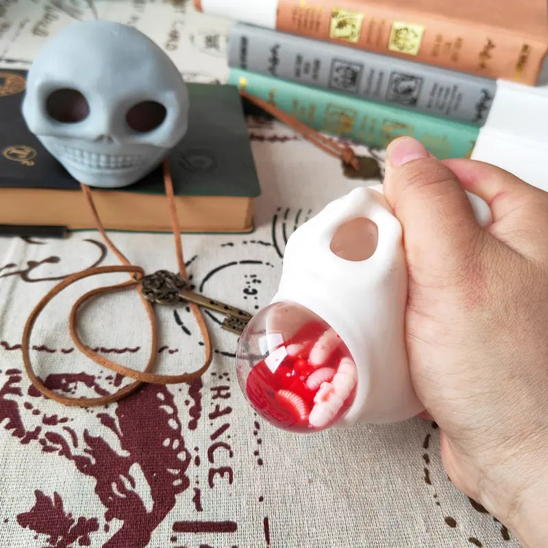 Halloween Stress Balls Squeeze Skull With Blood and Maggots Halloween Prank Skull Squeeze Gift for Halloween HorrorSkull Decor